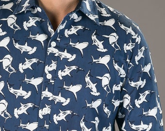 Mens 100% Cotton Long Sleeve Slim Fit Shirt Blue Sharks Print