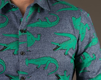 Mens 100% Cotton Long Sleeve Slim Fit Shirt Crocodile Green Grey Floral Print