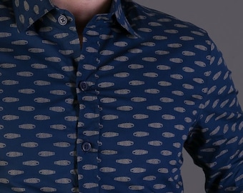 Mens 100% Cotton Long Sleeve Slim Fit Shirt Blue Gold Fish Print