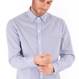 Mens 100% Cotton Long Sleeve Slim Fit Shirt White Blue Circles Print
