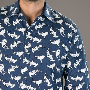 Mens 100% Cotton Long Sleeve Slim Fit Shirt Blue Sharks Print