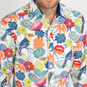 Mens 100% Cotton Long Sleeve Slim Fit Shirt Bird Jungle Floral Flowers White Multi Colour Print