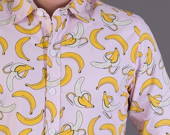 Mens 100% Cotton Long Sleeve Slim Fit Shirt Banana Pink Fruit Print