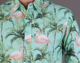 Mens 100% Cotton Long Sleeve Slim and Regular Fit Shirt Green Pink Flamingo Floral Print