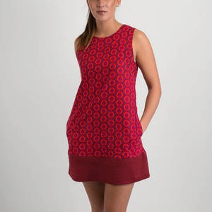 60s Style Summer Cotton Tunic Dress Red Print with Pockets