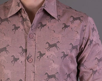 Mens 100% Cotton Long Sleeve Slim Fit Shirt Horse Print