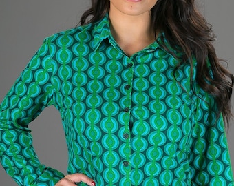 Womens 100% Cotton Long Sleeve Slim Fit Shirt Green Geometric Print