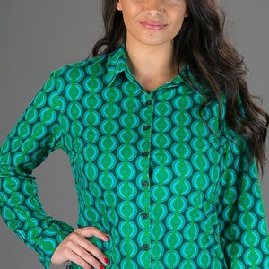 Womens 100% Cotton Long Sleeve Slim Fit Shirt Green Geometric Print