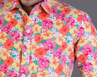 Mens 100% Heavy Cotton Long Sleeve Slim Fit Shirt Pink White Yellow Floral Print