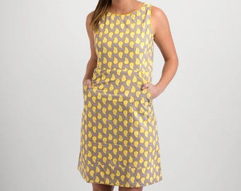 Vestido Verano Algodón Estampado Gris Amarillo con Bolsillos