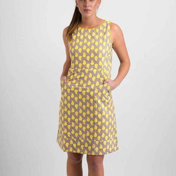 Summer Cotton Dress Grey Yellow Print with Pockets