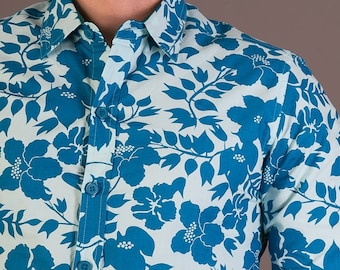 Mens 100% Cotton Long Sleeve Slim Fit Shirt Blue Green Floral Print