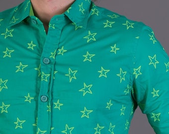 Herren 100% Baumwolle Langarm Slim Fit Shirt Grün Stern Print