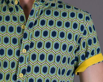 Mens 100% Cotton Short Sleeve Slim Fit Shirt Dark Blue Yellow Green Geometric Print