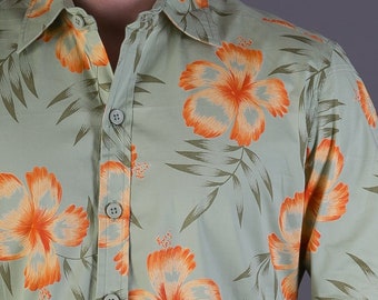 Mens 100% Cotton Long Sleeve Slim and Regular Fit Shirt Aloha Orange Floral Print