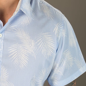 Mens 100% Cotton Short Sleeve Slim Fit Shirt Blue Floral Flowers Print