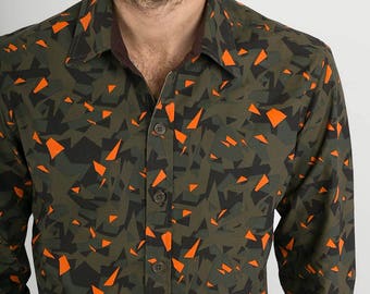 Mens 100% Cotton Long Sleeve Slim Fit Shirt Green Orange Camouflage Print
