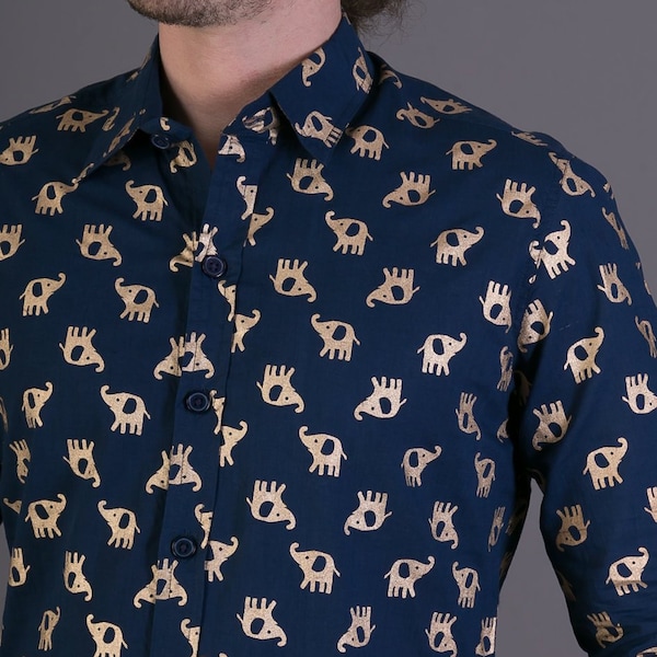 Mens 100% Cotton Long Sleeve Slim Fit Shirt Blue Gold Elephant Print