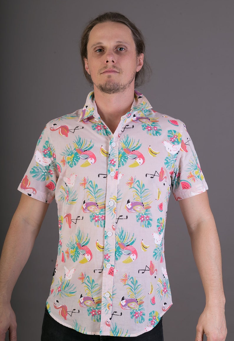 Mens 100/% Cotton Short Sleeve Slim Fit Shirt Pink Flamingo Parrot Bird Print