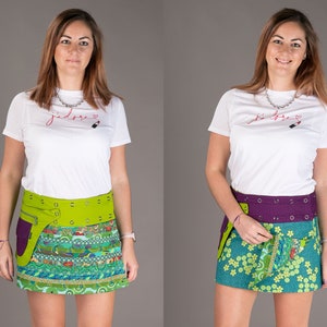 Falda de algodón reversible Parche verde Estampado floral Bolsillo desmontable Mini falda