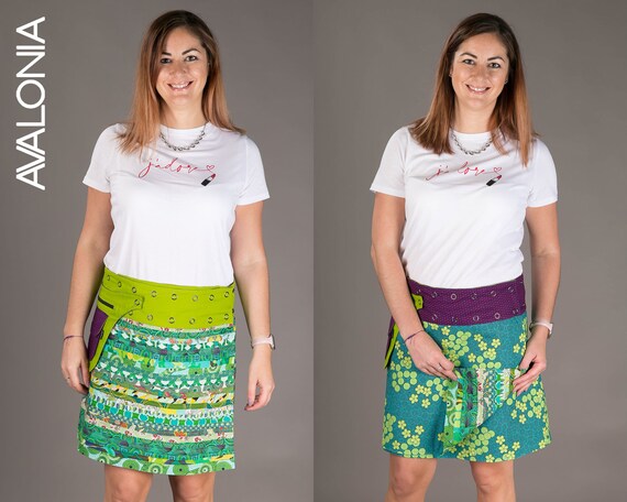 Reversible Cotton Skirt Green Patch Floral Print Detachable Pocket Medium Length Etsy