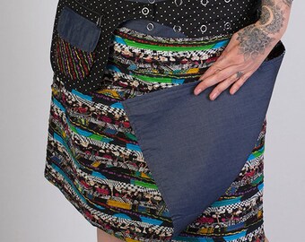 Plus Size Reversible Cotton Skirt Black Patch Denim with Detachable Pocket