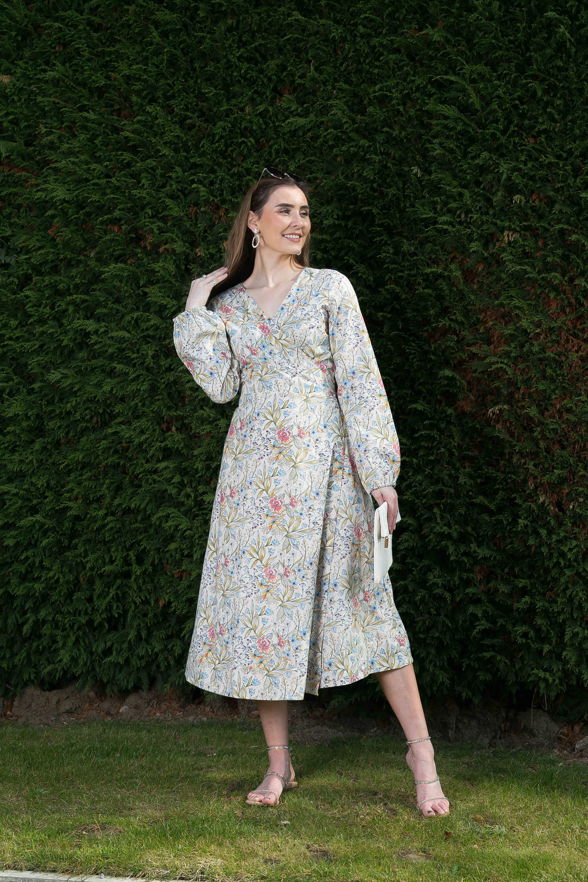 Pink Brown Floral Long Sleeve Wrap Dress / Summer Cotton Dress