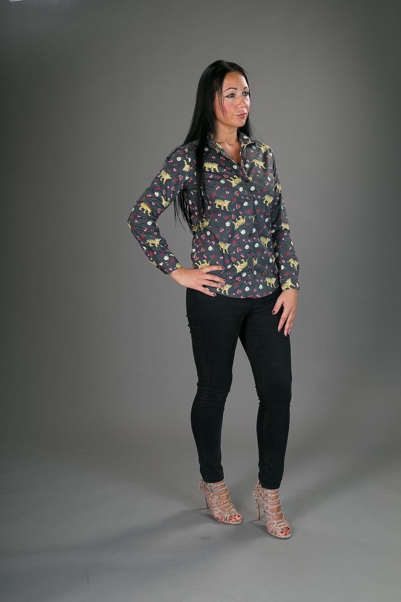 Womens 100/% Cotton Long Sleeve Slim and regular Fit Shirt Tiger Hearts Print