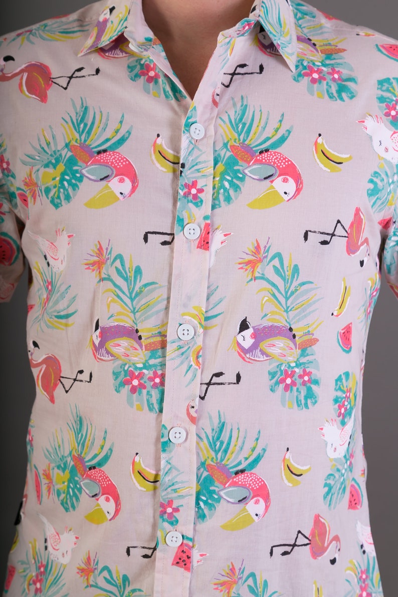 Mens 100/% Cotton Short Sleeve Slim Fit Shirt Pink Flamingo Parrot Bird Print