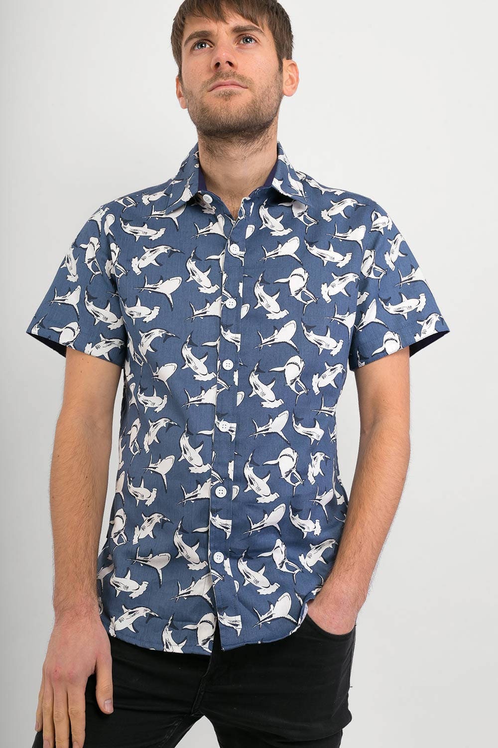 Mens 100% Cotton Short Sleeve Slim Fit Shirt Grey Sharks Print - Etsy