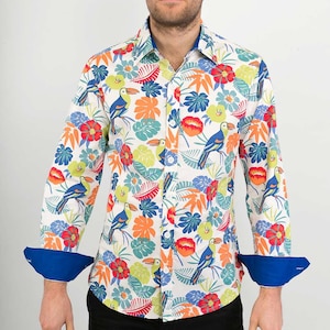 Mens 100% Cotton Long Sleeve Slim Fit Shirt Bird Jungle Floral Flowers White Multi Colour Print image 6