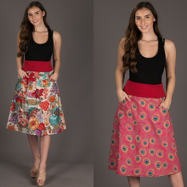 Reversible Floral Peacock Skirt A line Skirt Midi Skirt