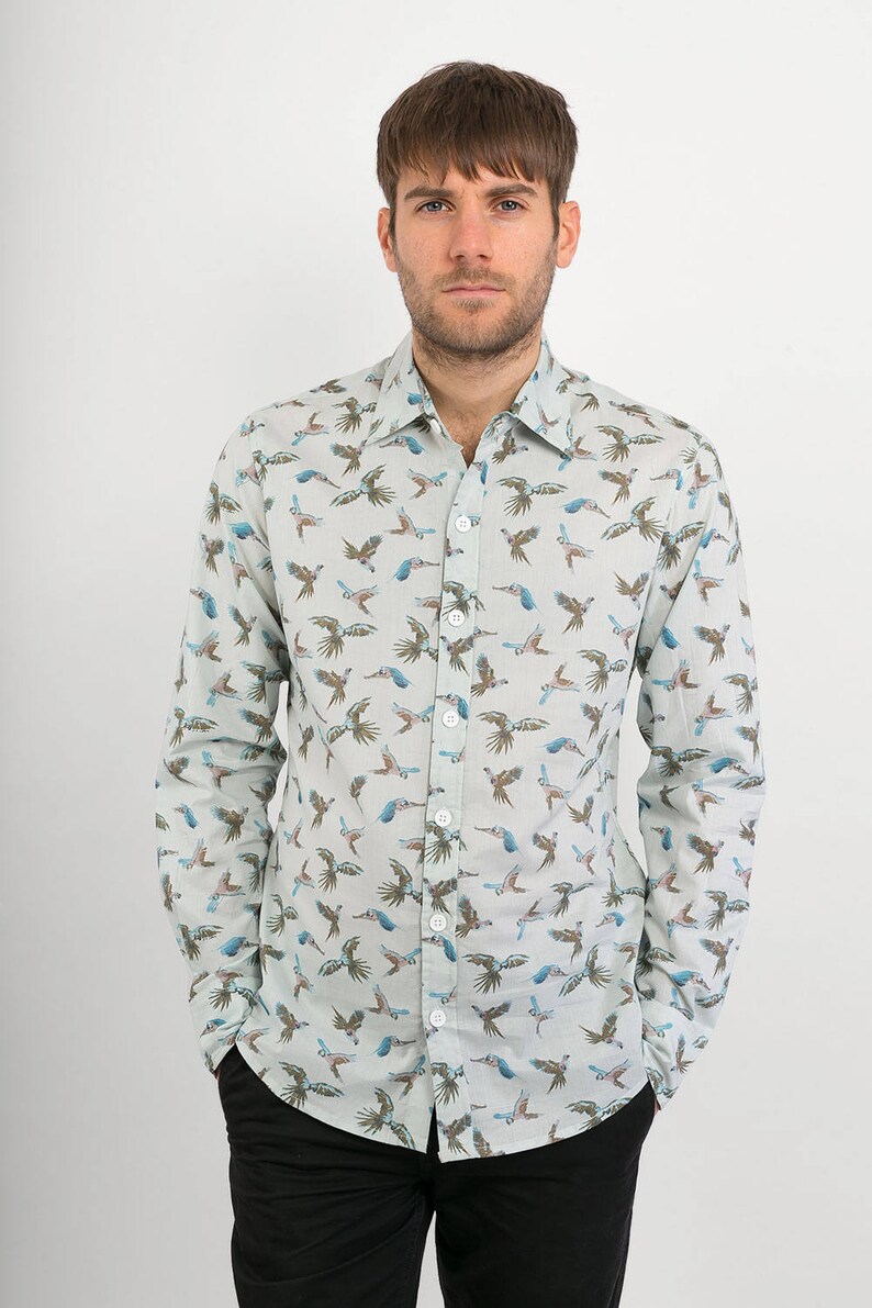 button up shirt with birds
