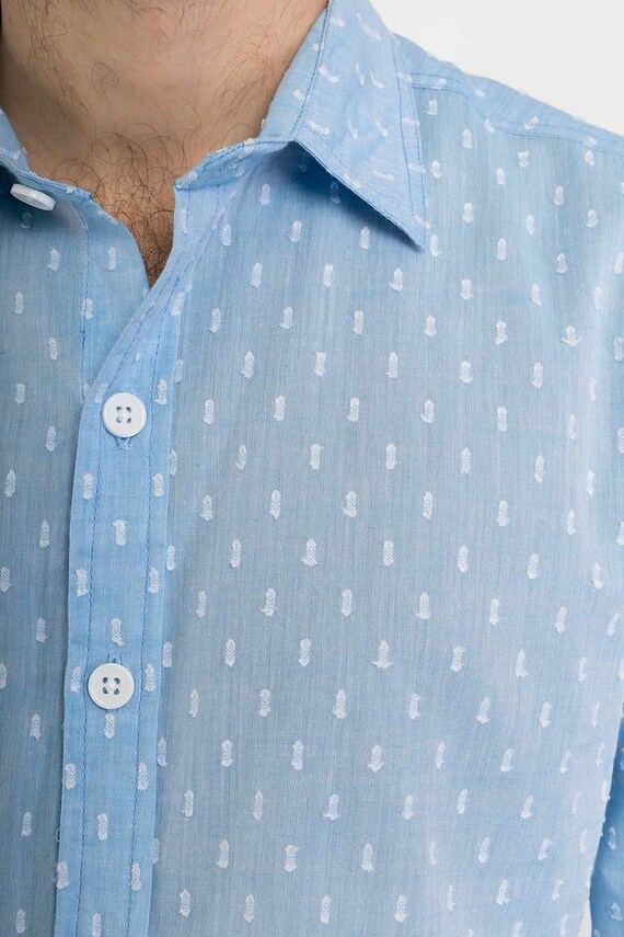 Camisa Casual Para Hombre - Color Azul Claro, Manga Larga, 65% Poliéster 35% Algodón, Lavable A Máquina