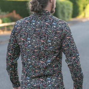 Mens 100% Cotton and Organic Cotton Long Sleeve Slim Fit Shirt Dinosaur Floral Black Print image 8