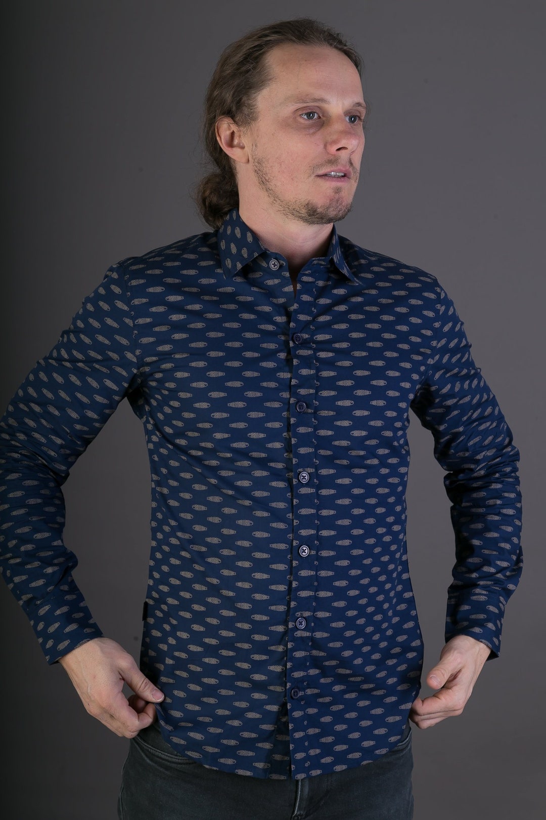 Mens 100% Cotton Long Sleeve Slim Fit Shirt Blue Gold Fish Print - Etsy