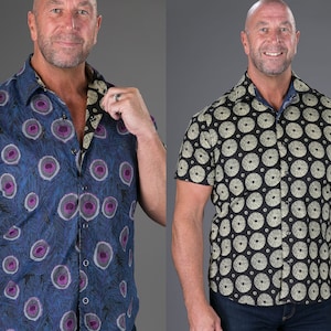 Hawaiian Shirt Boho Shirt Reversible Shirt Festival Clothing Aloha Shirt Blue Black Shirt