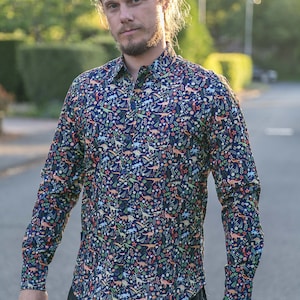 Mens 100% Cotton and Organic Cotton Long Sleeve Slim Fit Shirt Dinosaur Floral Black Print image 3