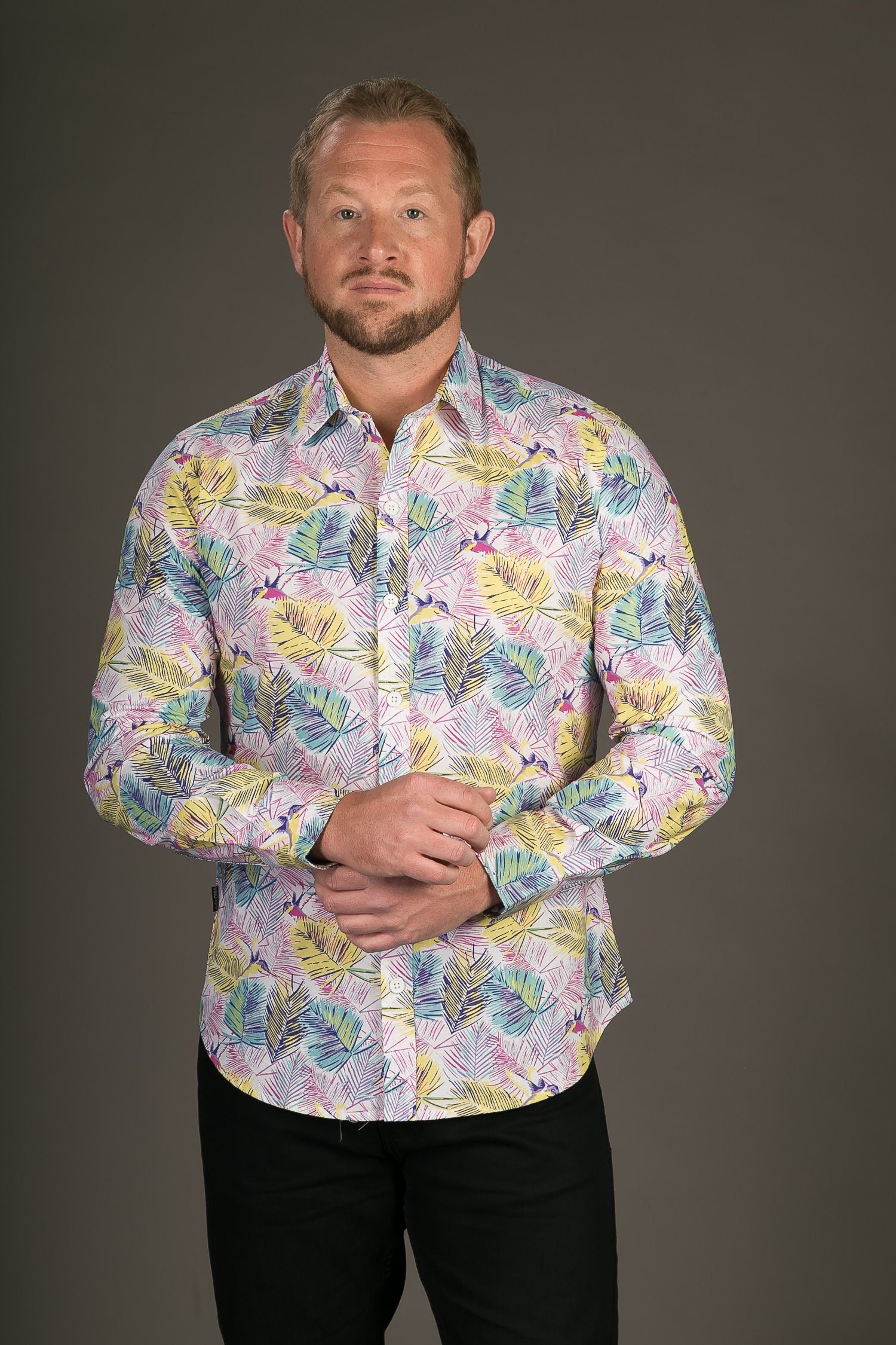 Mens 100% Cotton Long Sleeve Slim Fit Shirt Pink Yellow Floral Print