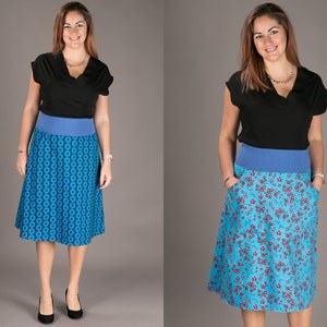 Reversible Blue Geometric Floral Skirt A line Skirt Midi Skirt