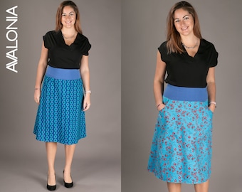 Reversible Blue Geometric Floral Skirt A line Skirt Midi Skirt