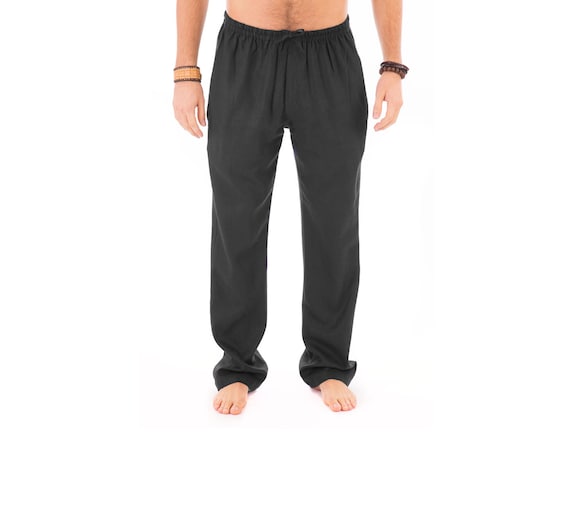 Mens Black Trousers 100% Cotton Yoga Casual Beach Lounge With