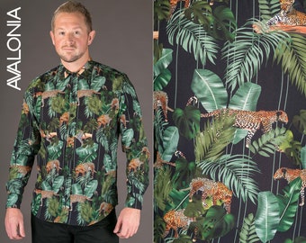 Mens Long Sleeve Cotton Shirt: Tiger Floral Print, Button Down