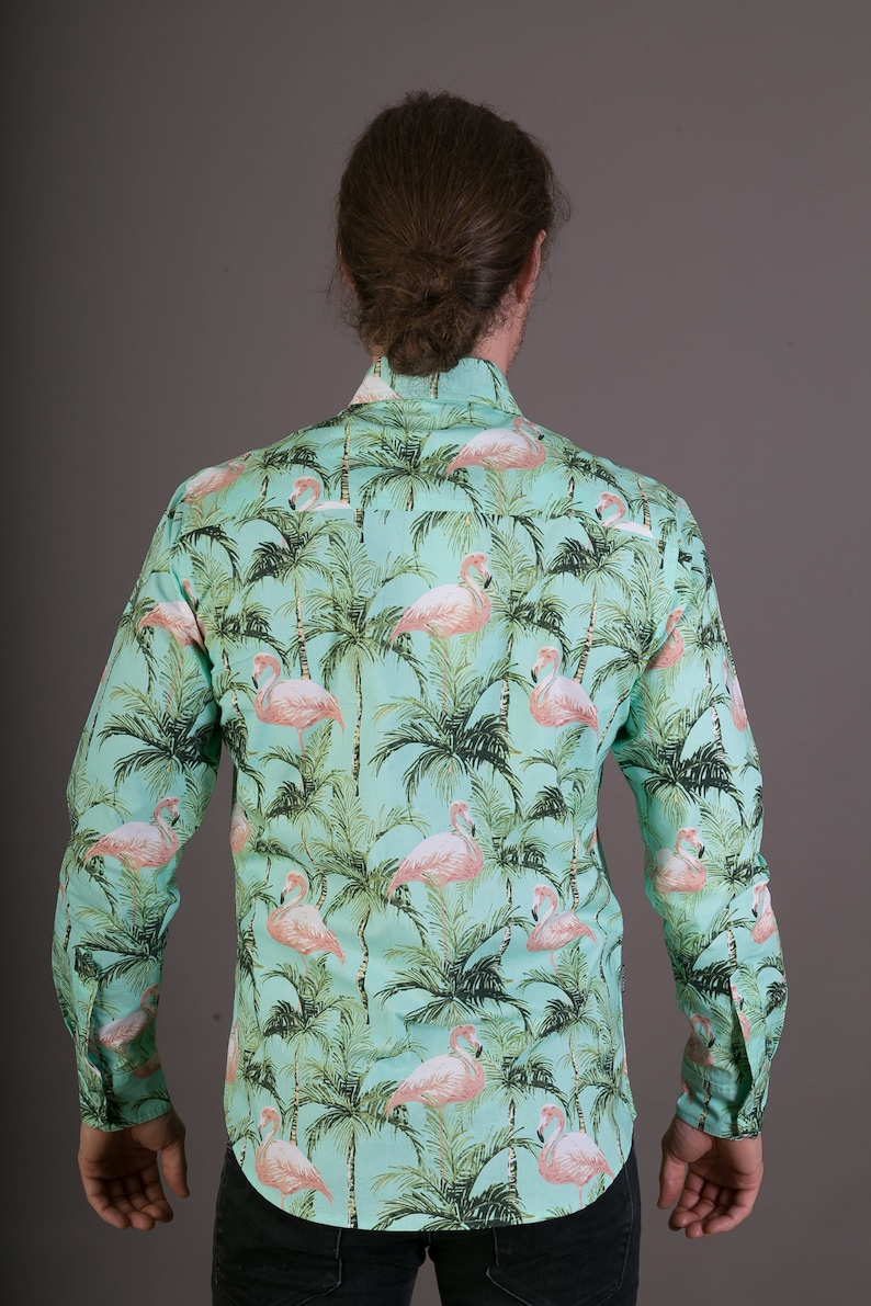 Mens 100/% Cotton Long Sleeve Slim and Regular Fit Shirt Green Pink Flamingo Floral Print