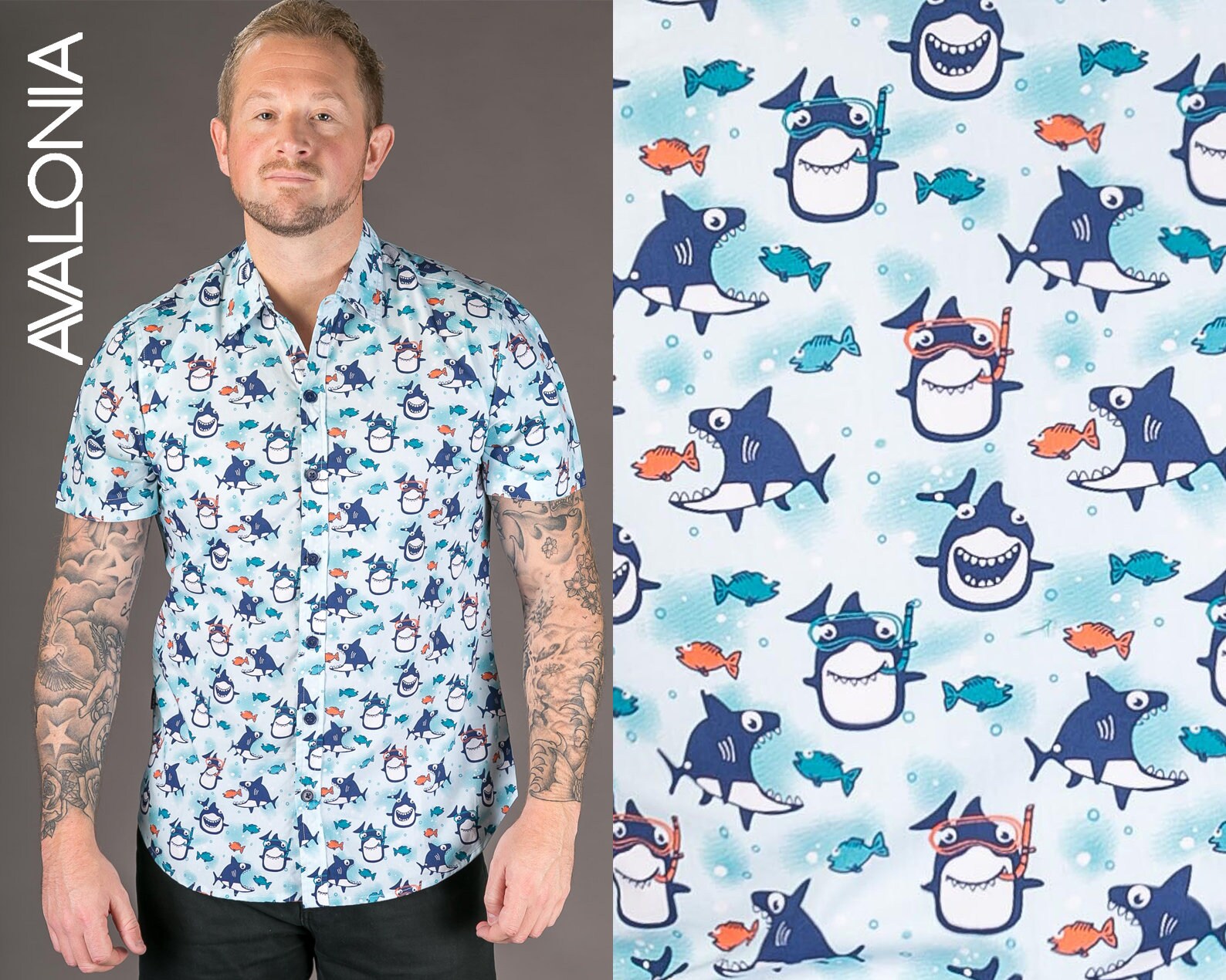 Image of Mens Shirt Short Sleeve Hawaiian Festival Clothing Fish Blue Button Down Summer