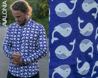 Mens 100% Cotton Long Sleeve Slim Fit Shirt Whale Fish Blue Print