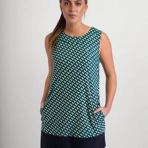 60s Style Summer Cotton Tunic Dress Green Blue Print with Pockets image 2