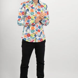 Mens 100% Cotton Long Sleeve Slim Fit Shirt Bird Jungle Floral Flowers White Multi Colour Print image 3