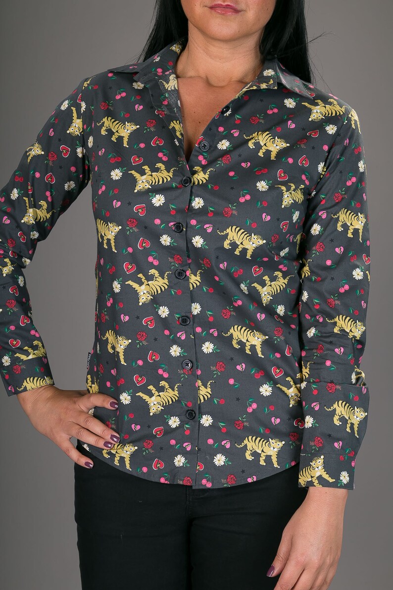 Womens 100/% Cotton Long Sleeve Slim and regular Fit Shirt Tiger Hearts Print
