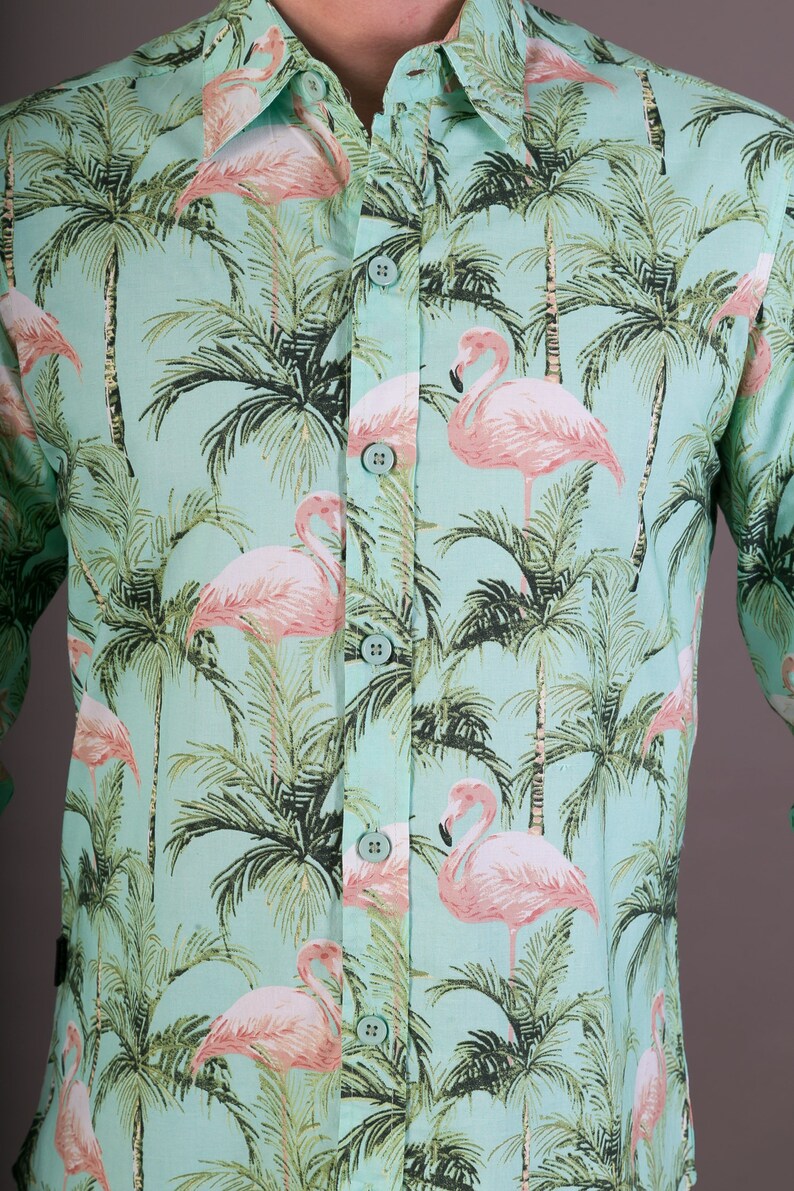 Mens 100/% Cotton Long Sleeve Slim and Regular Fit Shirt Green Pink Flamingo Floral Print